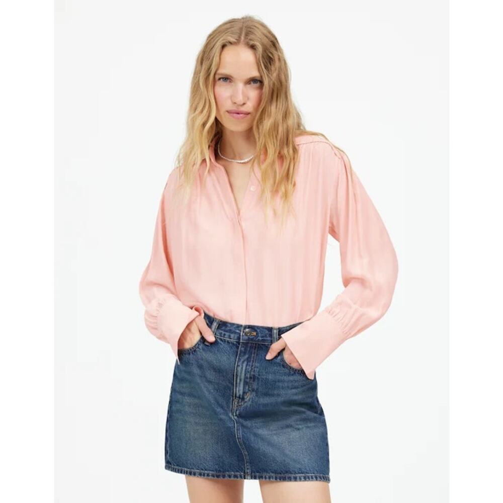 Madewell Long-Sleeve Button-Front Top Pale Blush XXS NT224‎ Western Elegant